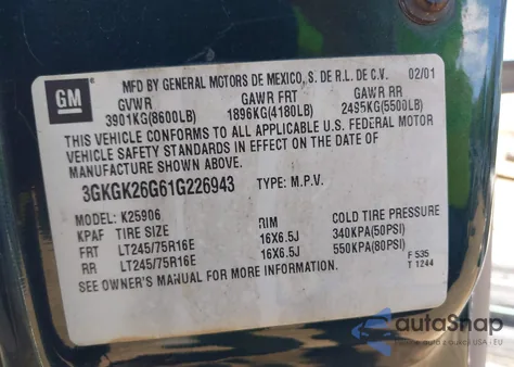 2001 GMC Yukon Xl 2500 Slt from USA, damaged, VIN 3GKGK26G61G226943